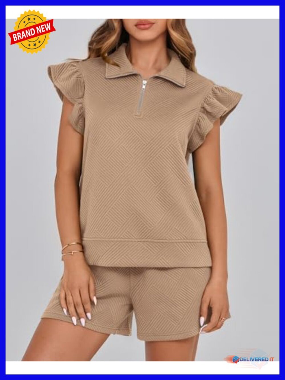 Zip Front Ruffle Cap Sleeve Lounge Set Drawstring Shorts 2 Piece - Picture 3 of 6
